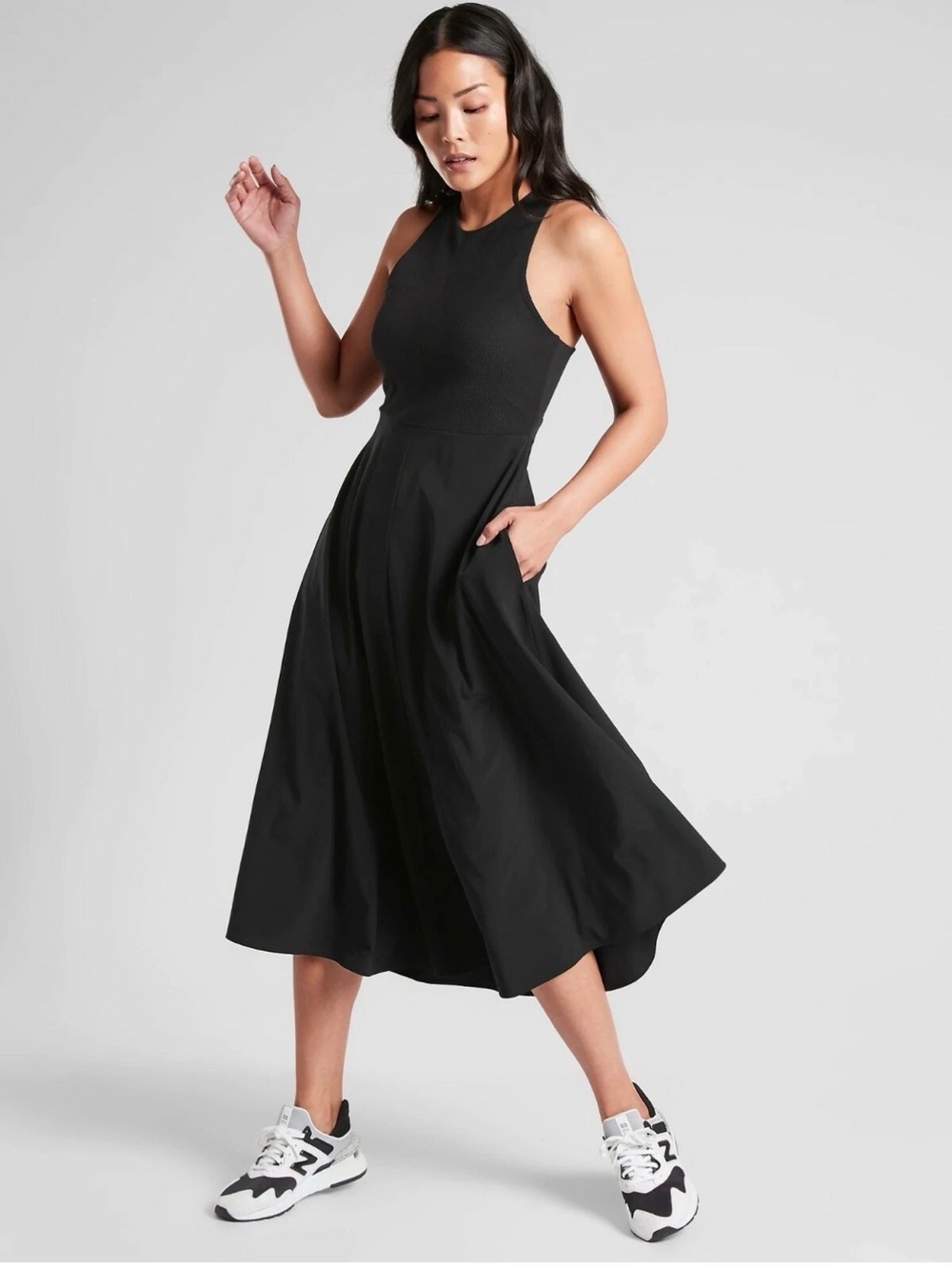 Athleta Black Sleeveless Midi Dress with Pockets